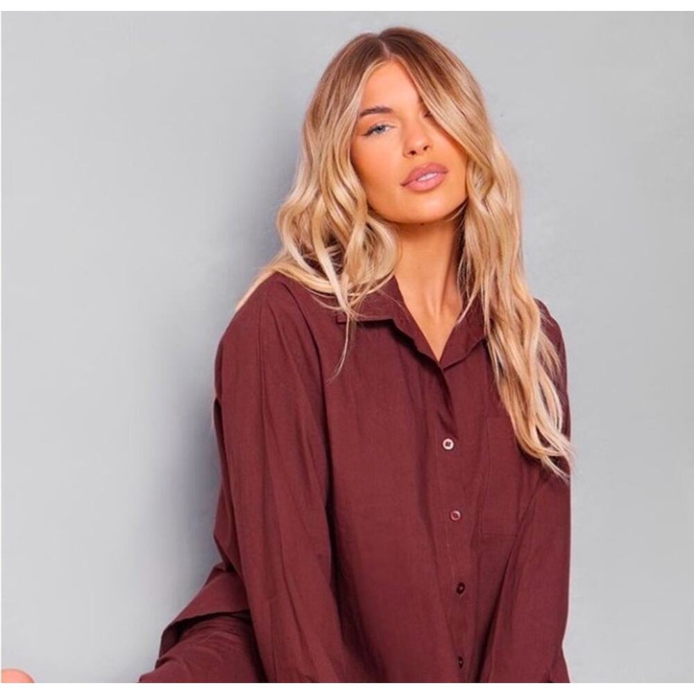 PRETTYLITTLETHING Chocolate Back Tie Detail Long Sleeve Shirt UK Size M NWT